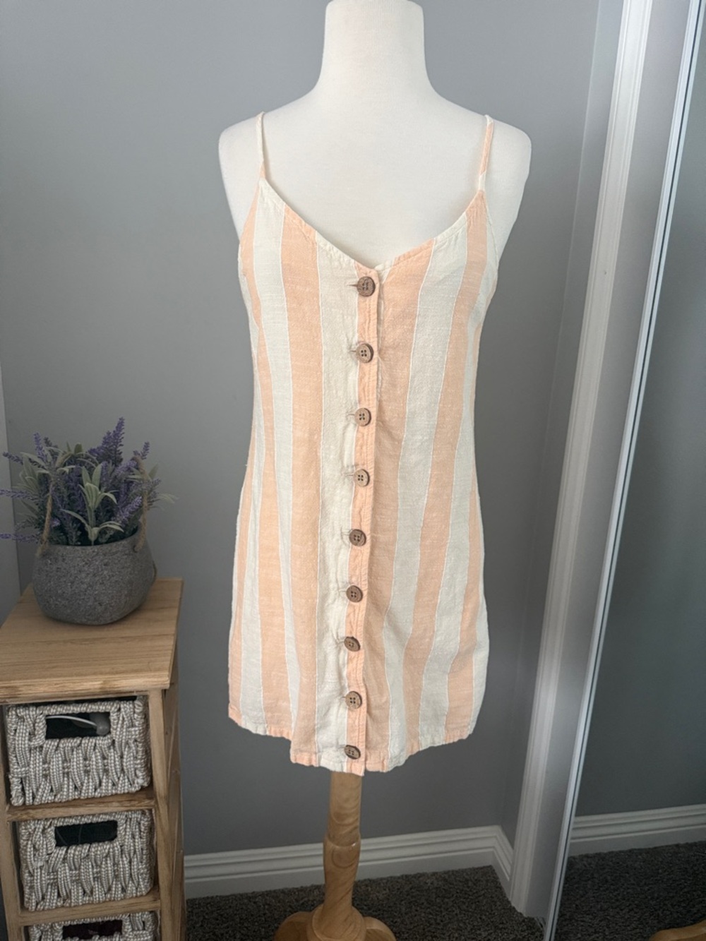 Rip Curl Peach and White Striped Button-Front Mini Dress